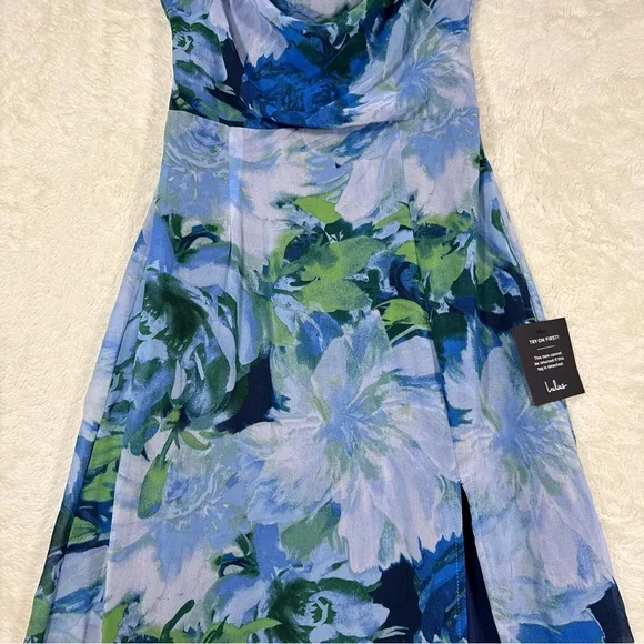 Lulus‎ Flowery Passion Blue Floral Print Cowl Neck Midi Dress Women’s Small NEW - Picture 5 of 14